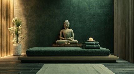 Serene thai massage parlor with daybed, towels, and buddha in modern minimalist design