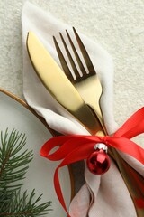 Christmas table setting with festive decor, flat lay