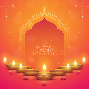 Happy Diwali - festival of lights colorful poster template design with decorative diya lamp.
