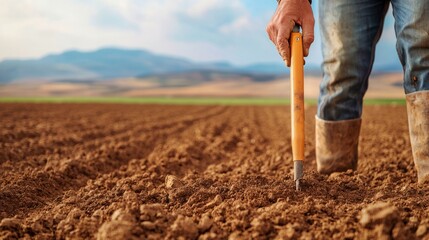 High-contrast shot of a farmer holding a soil compaction tester, dusty landscape, tool in use, [compaction test], [soil health assessment]