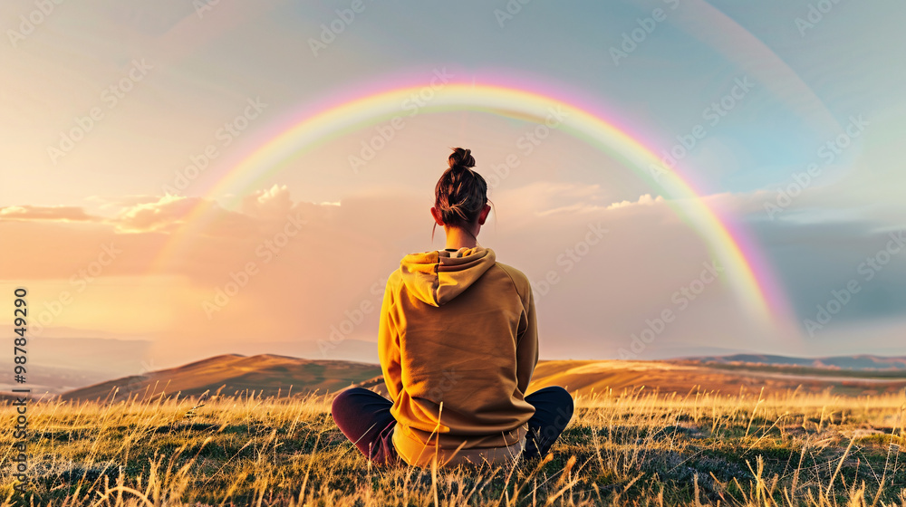 Poster a person practicing deep breathing exercises in a field under a rainbow. representing hope and renew