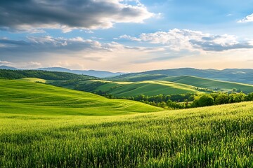 Obraz premium Rolling Green Hills with Blue Sky and White Clouds. Panoramic View of Beautiful Landscape