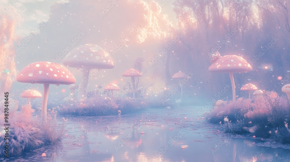 Wall mural Whimsical Mushroom Forest With Pastel Sky and Water