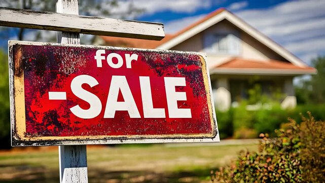Red for sale sign in front of a suburban house, representing real estate, property listings, homeownership, and the housing market.

