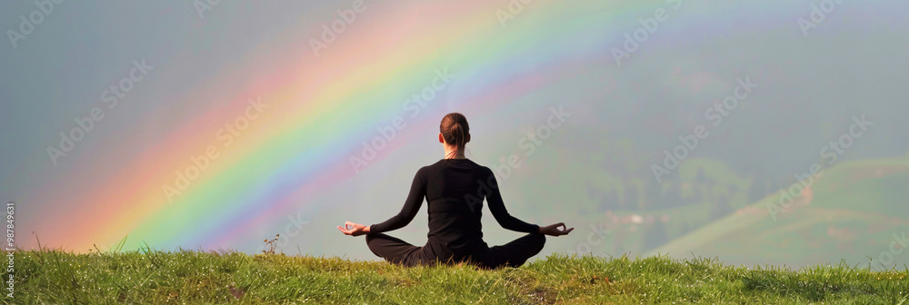 Poster a person practicing deep breathing exercises in a field under a rainbow. representing hope and renew