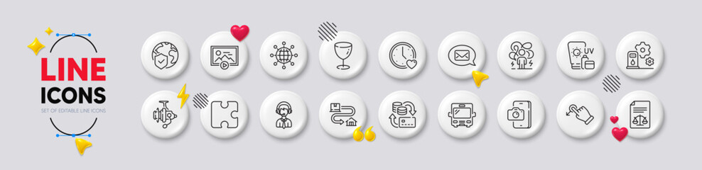 Phone photo, Messenger and Sunscreen line icons. White buttons 3d icons. Pack of Glass, Bus, International globe icon. Filling station, Drag drop, Dating pictogram. Vector