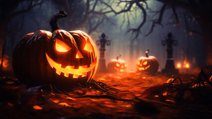 Halloween, baner z podświetlonymi dyniami w mrocznym lesie, na cmentarzu.	