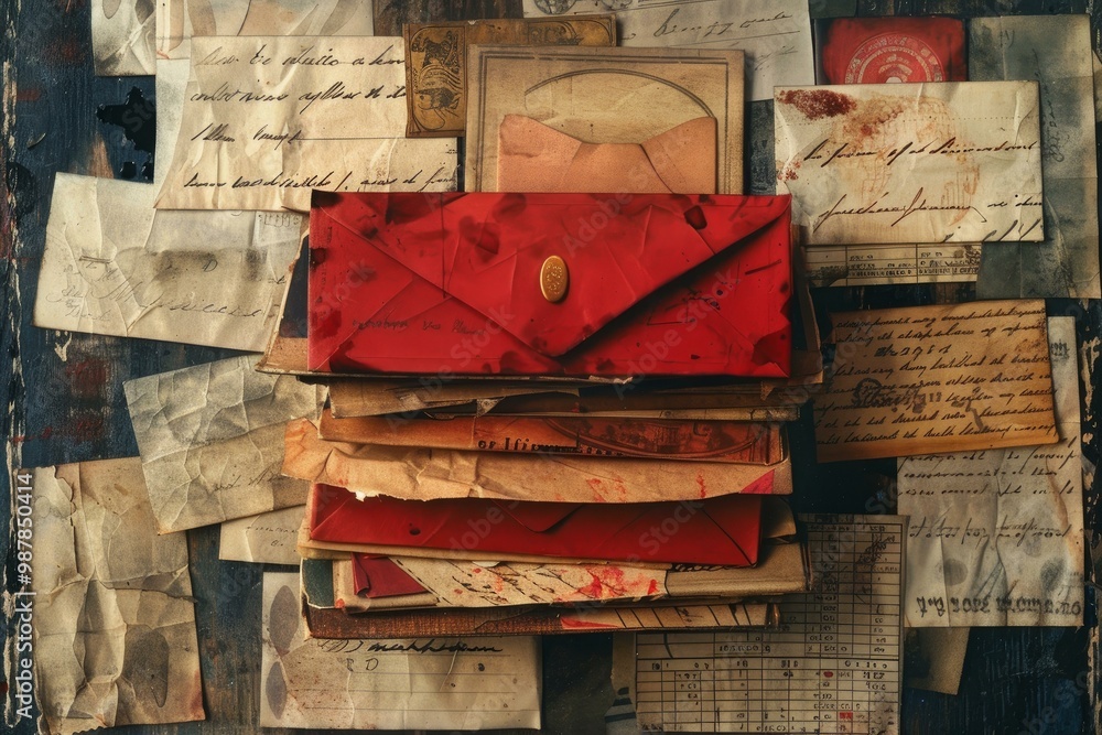 Poster stack of old, worn letters with red envelopes tied with string on a wooden table evoking corresponde
