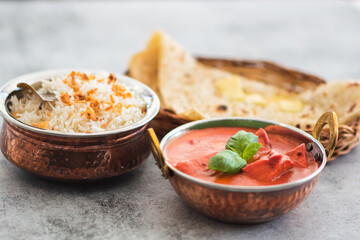 Chicken tikka masala spicy curry meat food Butter chicken with rice