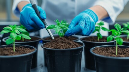 Lab technician preparing soil samples for nutrient testing, high-tech lab instruments visible, [soil nutrient analysis], [laboratory setting]