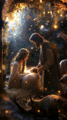 Cute baby Jesus in the manger, Mary and Joseph next to him, a donkey nearby, candles around them, a Christmas tree behind, beautiful light