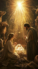 Cute baby Jesus in the manger, Mary and Joseph next to him, a donkey nearby, candles around them, a Christmas tree behind, beautiful light