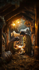 Cute baby Jesus in the manger, Mary and Joseph next to him, a donkey nearby, candles around them, a Christmas tree behind, beautiful light