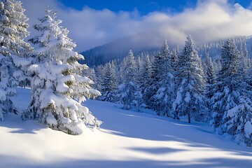 Snowy Mountain Forest Landscape with Evergreen Trees in Winter