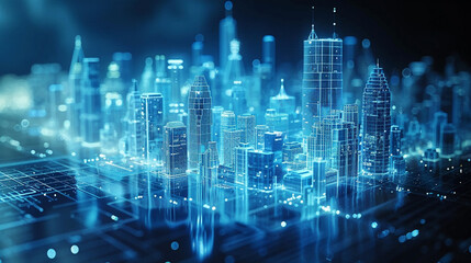 Full screen, overlooking the whole city architecture, X-ray style, light blue and white, black background