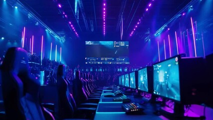 Vibrant esports arena with row of computers and chairs waiting for gamers, lit with colorful lights, showcasing intense gaming tournament action on a big screen.
