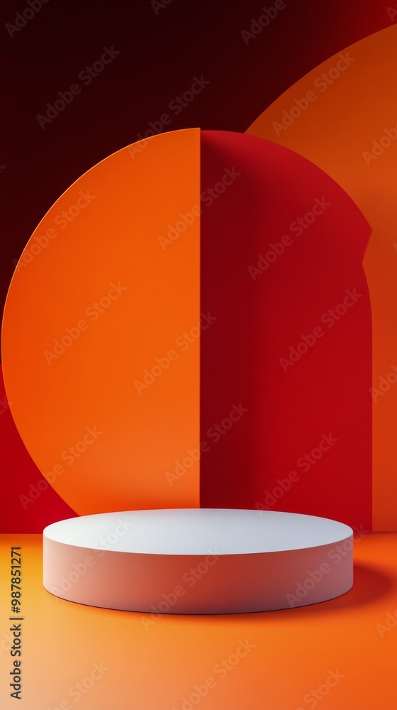 Poster minimalist display platform with orange geometric shapes and gradient background in modern art style