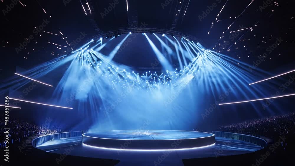 Aufkleber bright blue lights illuminate an empty circular stage, creating an electrifying atmosphere in a conc