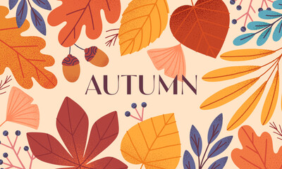 Autumn seasonal banner with leaves,acorns,berries and plants in fall colors.Vector modern illustration.Trendy autumn template for prints,ad,social media marketing,branding,packaging,covers.