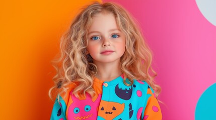 Fototapeta premium Cute child with curly blonde hair in colorful pajamas stands against a vibrant, multicolored background.