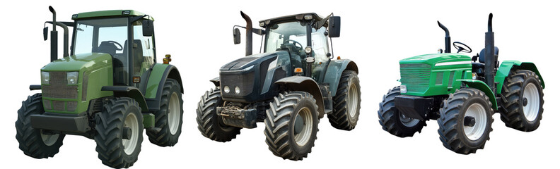 Realistic agricultural tractor on transparent background, PNG. Clipart template set collection