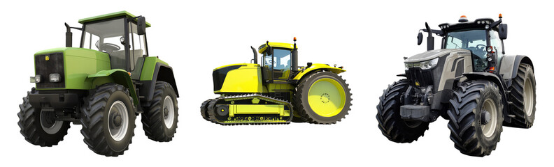 Obraz premium Realistic agricultural tractor on transparent background, PNG. Clipart template set collection