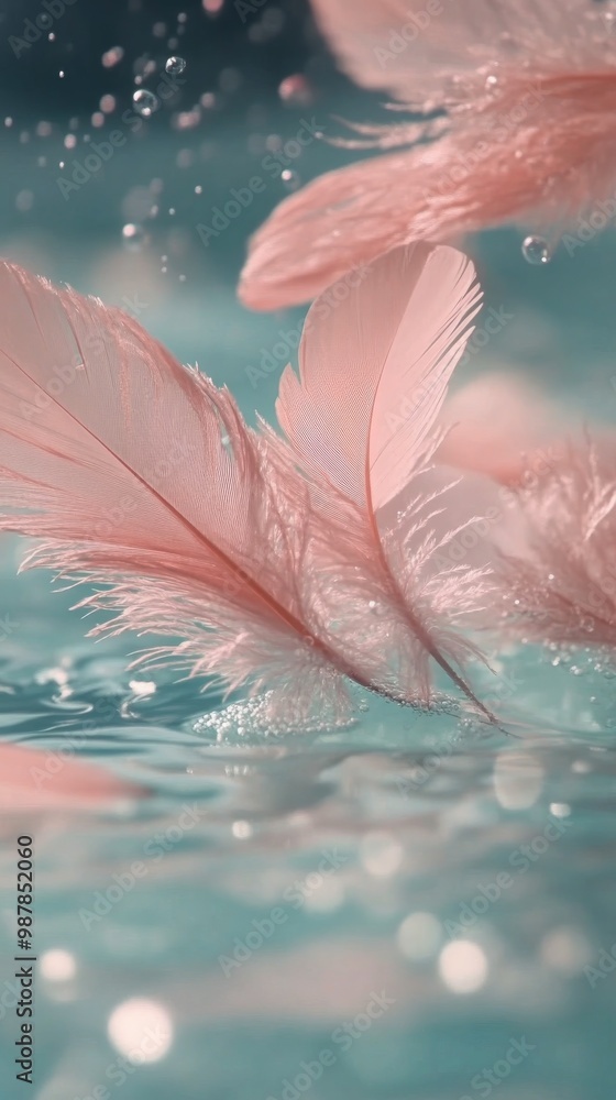 Poster soft pink feathers submerged in turquoise liquid with bubbles floating around