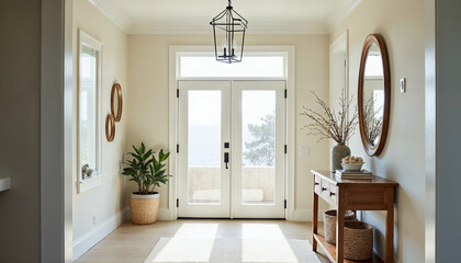  Spacious coastal entryway with light fixture, natural decor, and inviting ambiance.