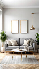 Home interior with gray sofa and white wall mock up, Scandinavian style, 3d render, white Mock up frame