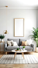 Home interior with gray sofa and white wall mock up, Scandinavian style, 3d render, white Mock up frame