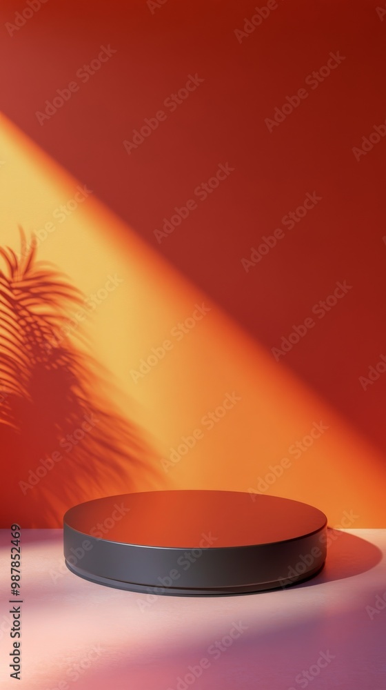 Poster minimalist display platform with orange geometric shapes and gradient background in modern art style