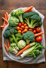 Carrots, broccoli, tomatoes and other fresh vegetables on a light background. Top view