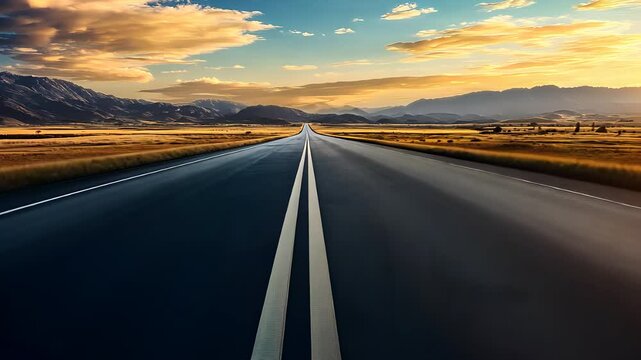 Straight open road stretching into the horizon with scenic mountains, sunset sky, and peaceful landscape, ideal for travel and adventure themes.

