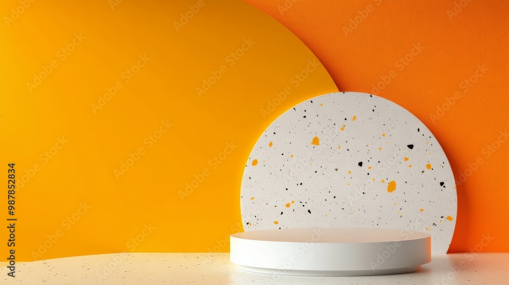Poster vibrant abstract display featuring geometric shapes and colorful backgrounds in a studio setting