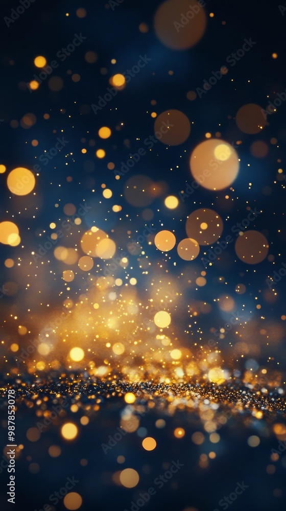 Poster glittering golden particles create a magical atmosphere in a dark setting with soft lighting