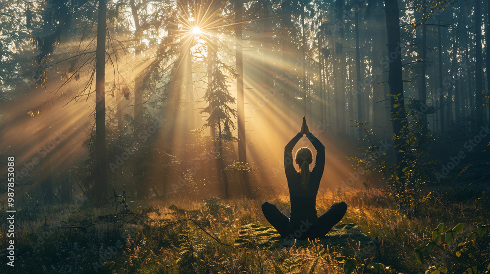 Poster a person practicing yoga in a serene forest with rays of sunlight filtering through the trees. repre