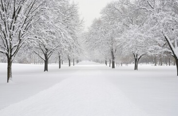 Snow-covered tree-lined pathway in a serene winter landscape during daytime