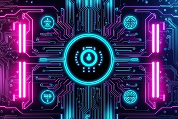 Fototapeta premium Neon Cyberpunk Circuit Board Icon Featuring Advanced Technology Design