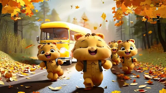cute cartoon animals running to school, back to school concept. Generative Ai
