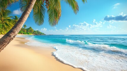 Palm Tree Overlooking a Tranquil Beach and Azure Ocean