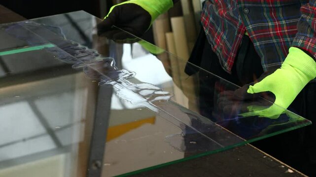 Cutting anti-burglary glass using the traditional method. Burning foil in VSG glass. Glazier cuts specialist glued glass