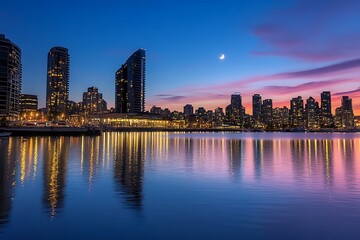 Obraz premium Beautiful cityscape skyline at dusk with crescent moon and city lights reflecting on water