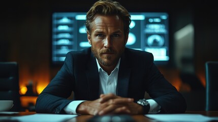 Confident Businessman in Meeting Room with Data Visualization on Screen