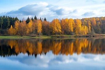 Autumn forest reflecting in tranquil lake with blue sky and white clouds
