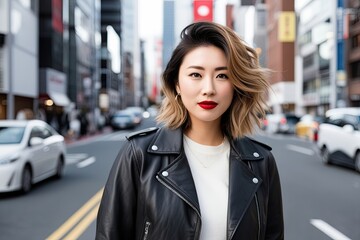 Stunning Japanese Woman with Ruby Red Lips Beachy Waves and Fashionable Leather Jacket