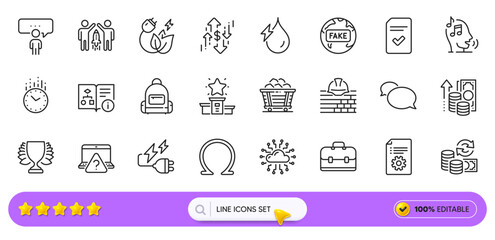 Coal trolley, Change money and Technical algorithm line icons for web app. Pack of Dollar rate, Technical documentation, Fake news pictogram icons. Portfolio, Backpack, Electricity plug signs. Vector