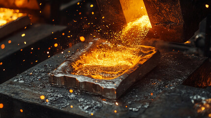 A high-quality photograph of molten silver being poured into molds in a foundry, with glowing heat