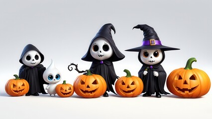 A group of cute, cartoonish characters in Halloween costumes with pumpkins.