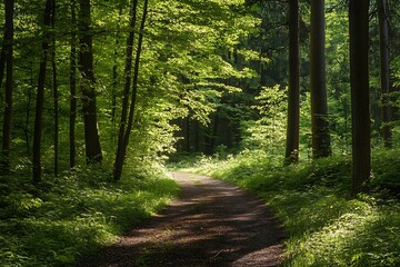 Sun beams through the trees on a forest path.  Peaceful forest trail scene.