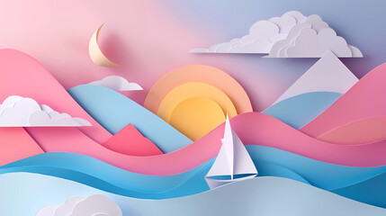 A colorful paper art landscape featuring a sailboat on the water, with pink and blue mountains, a setting sun, clouds, and a crescent moon